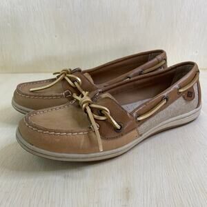 Sperry Top Sider Barrelfish Womens Leather Slip On Linen Oat Boat Shoes 6.5S